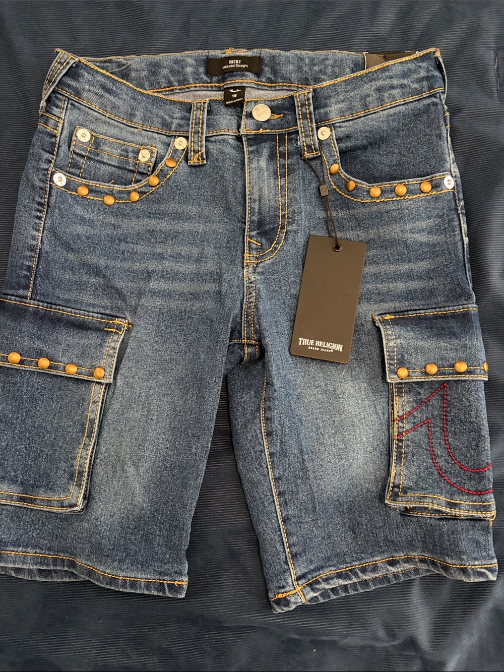 True Religion Boys Dark Blue Denim Cargo Shorts with Stud Accents